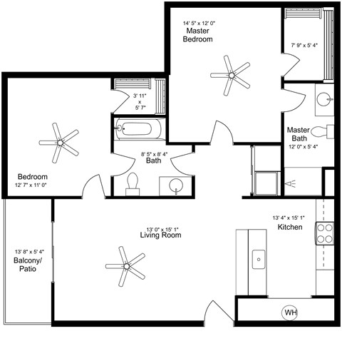 Floor plan for 2 beds, 2 baths, 1033 sqft